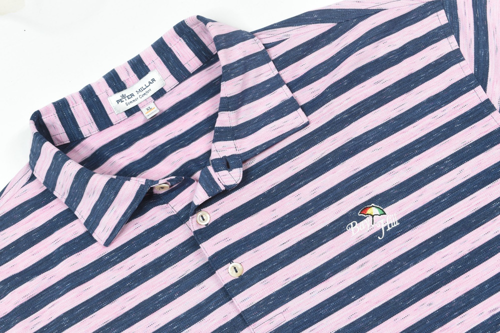 Peter Millar Summer Comfort BAY HILL Polo Shirt Mens XL Pink Blue Stripe Stretch